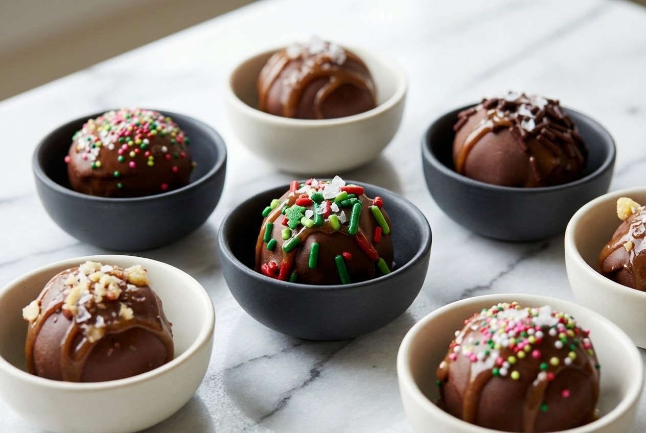 Velvety brownie truffles coated in chocolate and topped with a sprinkle of sea salt and brown butter drizzle.