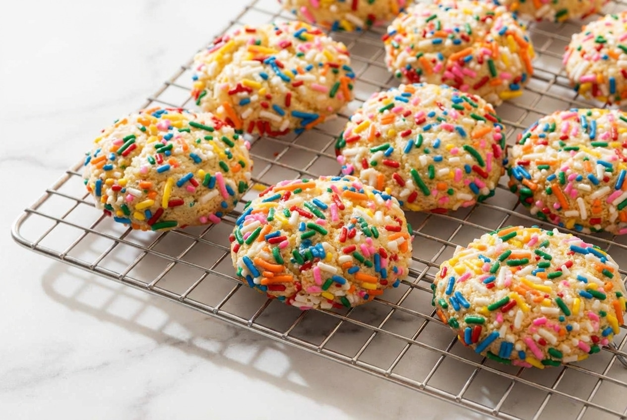 Soft cake mix cookies with a hint of sea salt and pure vanilla extract on a cooling rack.