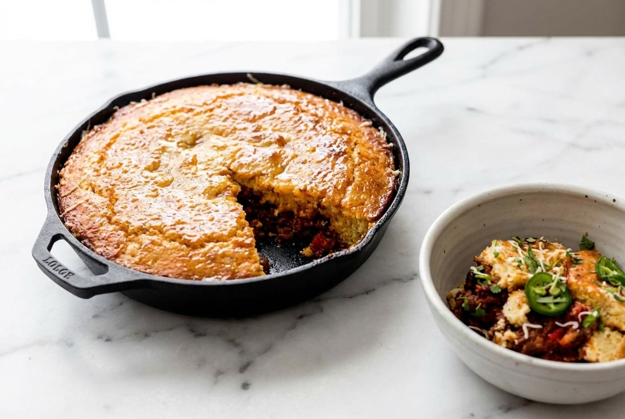 Chili cornbread skillet topped with a golden, smoked honey-butter brush glaze in a seasoned cast iron skillet.