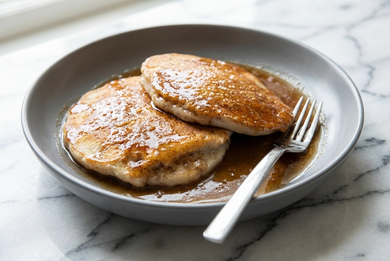 Warm cinnamon pancake syrup with brown butter flecks and sea salt drizzled over a stack of fluffy pancakes.