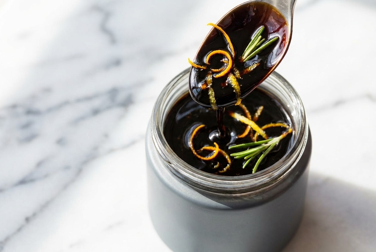 Thick balsamic glaze infused with fresh citrus and rosemary drizzled over a white plate.