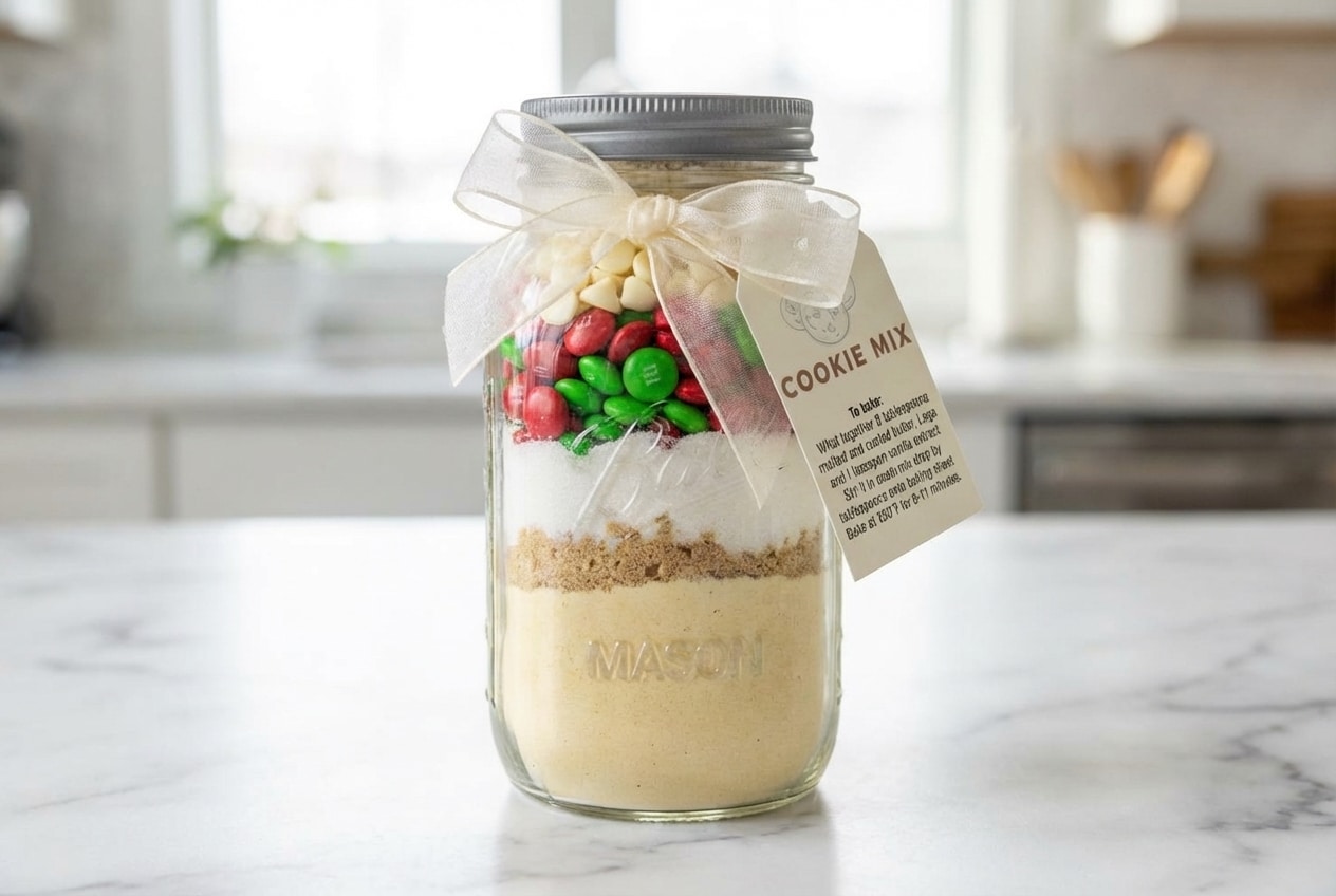 Layered cookie mix in a jar with chocolate chips, brown sugar, and toasted milk powder for a nutty flavor profile.