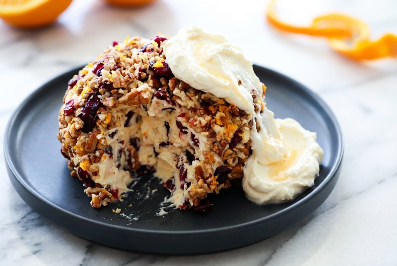 Festive cranberry orange cheese ball with whipped goat cheese and pecans on a serving platter.