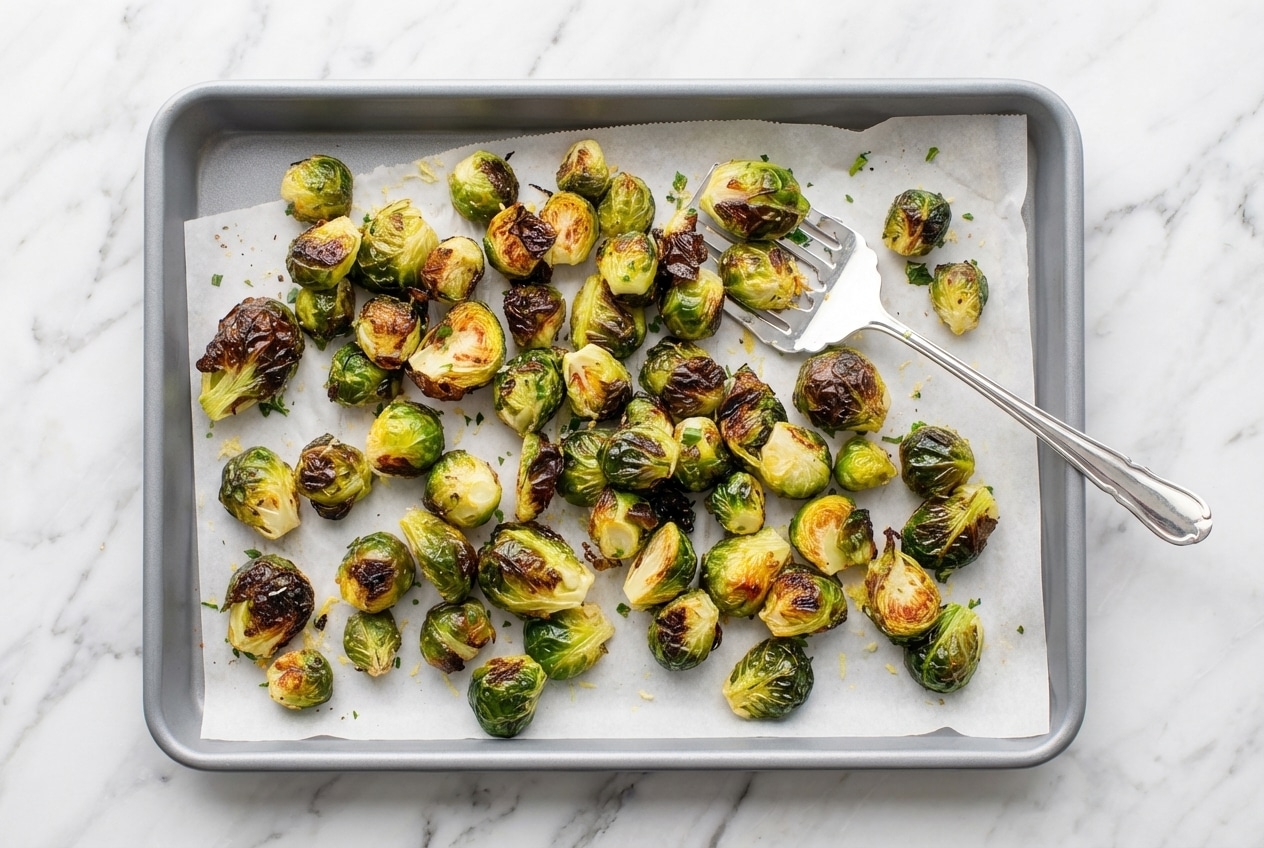 Golden roasted brussels sprouts with a crispy cornstarch crust and balsamic glaze on a sheet pan.