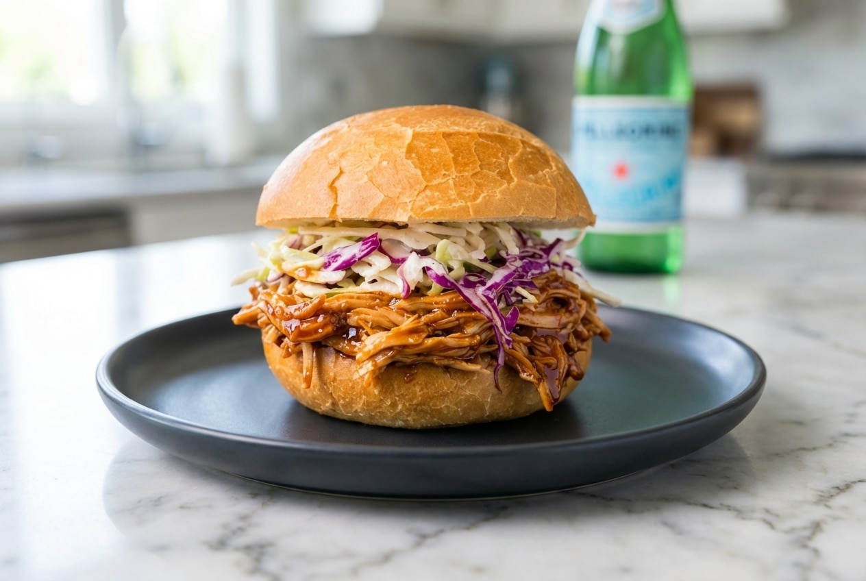 Tender crockpot bbq chicken shredded and glazed with a glossy reverse sauce finishing glaze in a dark bowl.