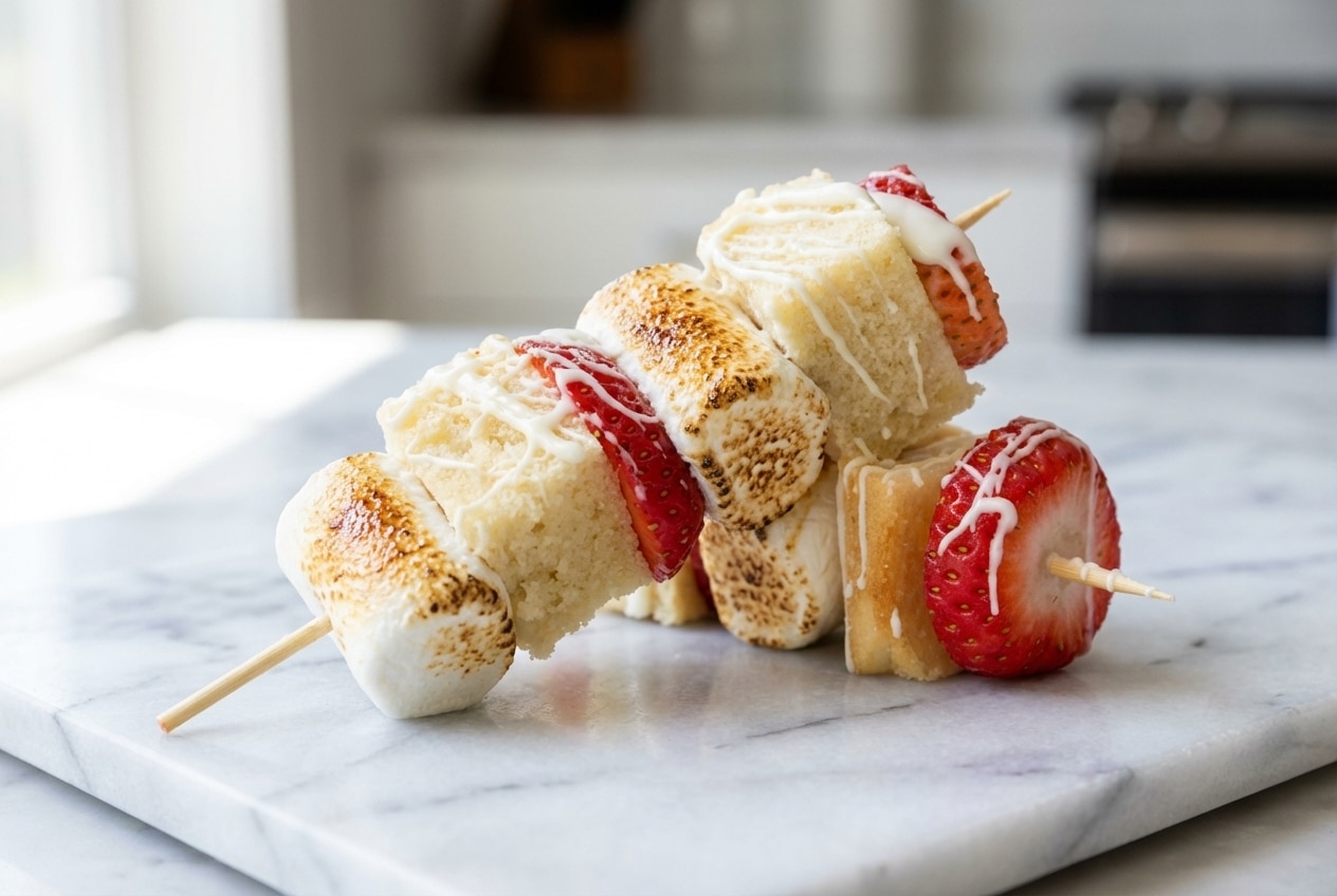 Dessert kabobs with toasted marshmallows, New York style cheesecake, and strawberries on bamboo skewers.