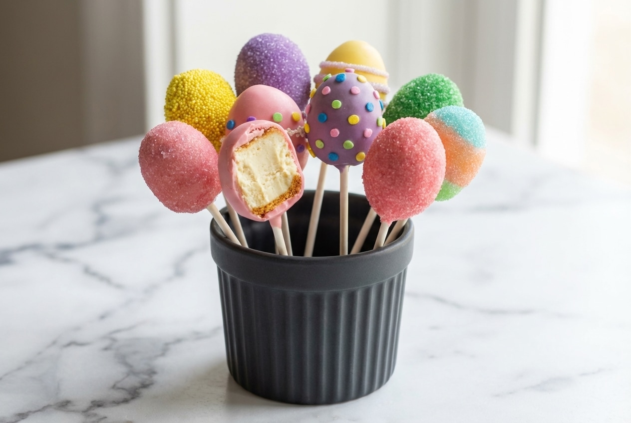 Easter cake pops decorated with pastel sprinkles and a tangy cheesecake binder for a rich, creamy texture.