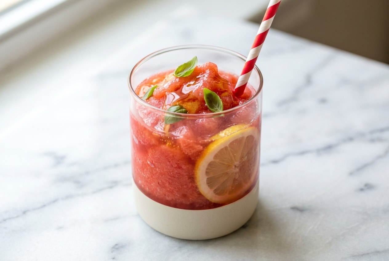 Frozen strawberry lemonade in a chilled glass topped with fresh basil leaves and a hint of honey infusion.