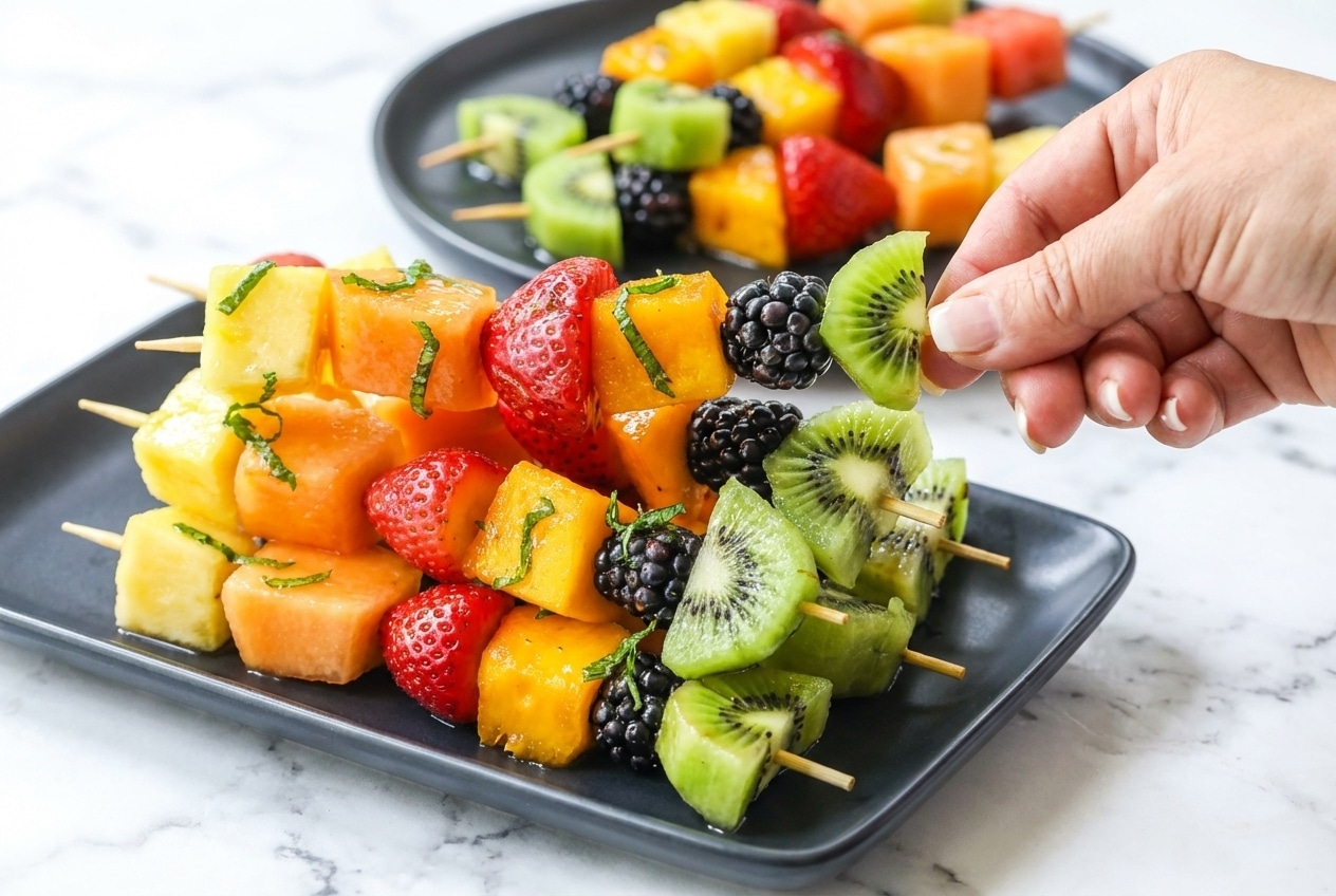 Vibrant fruit kabobs drizzled with a fresh honey-lime mint maceration on a white platter.