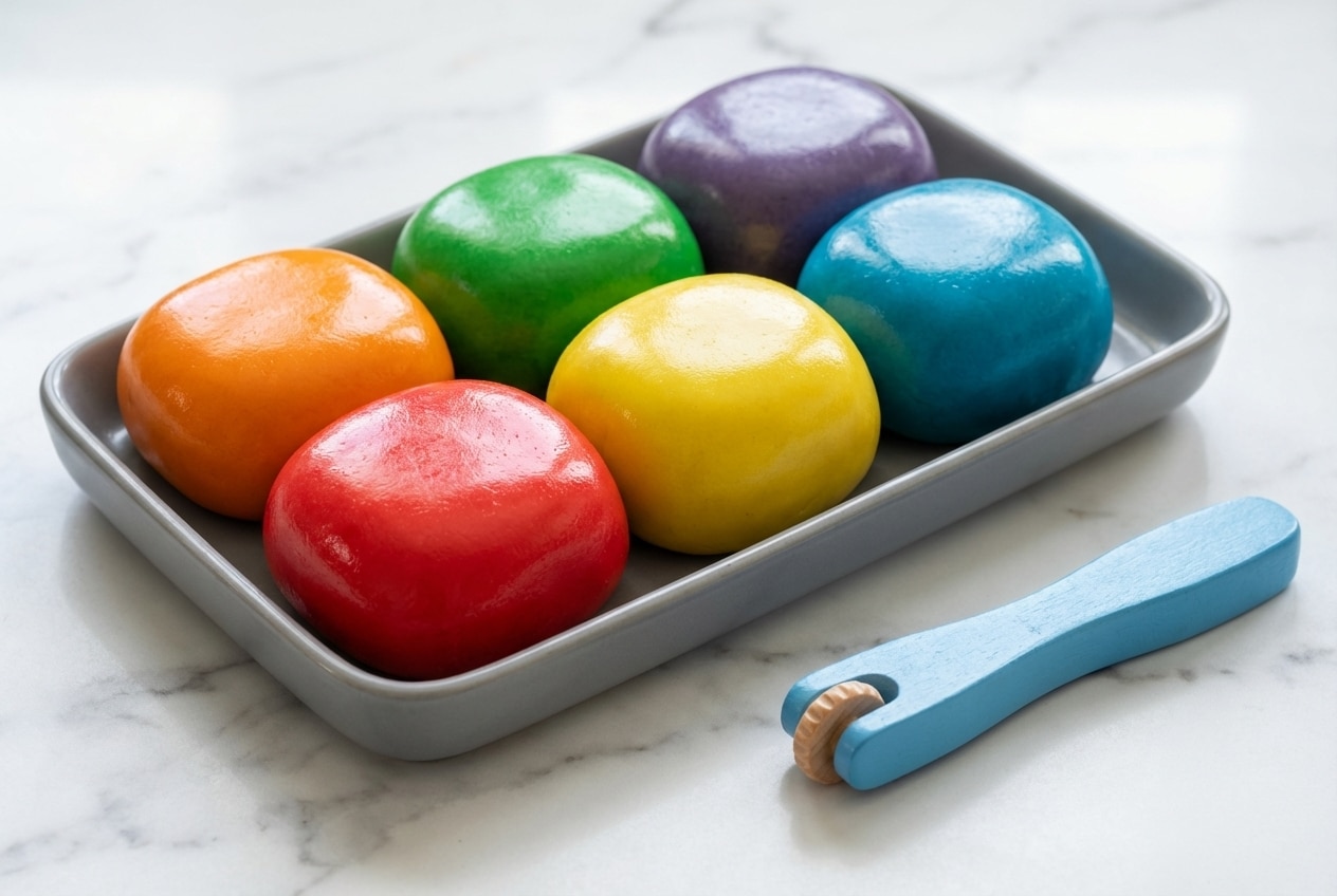 Soft, vibrant play dough recipe featuring a glossy bakery shine from vegetable glycerin.