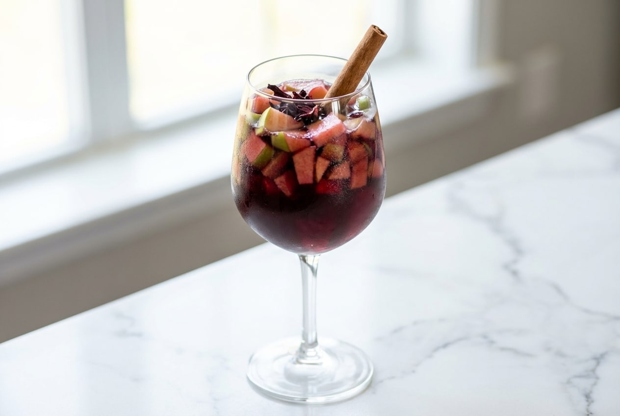 Family friendly sangria with deep hibiscus infusion and balsamic notes in a clear glass pitcher with citrus.