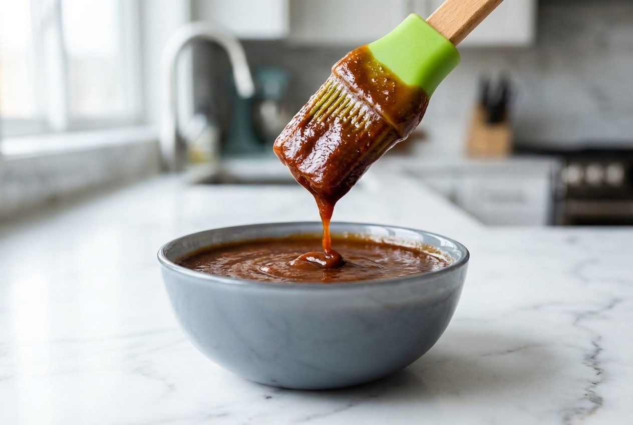 Thick, homemade bbq sauce recipe with a glossy bourbon and brown butter finish in a glass jar.