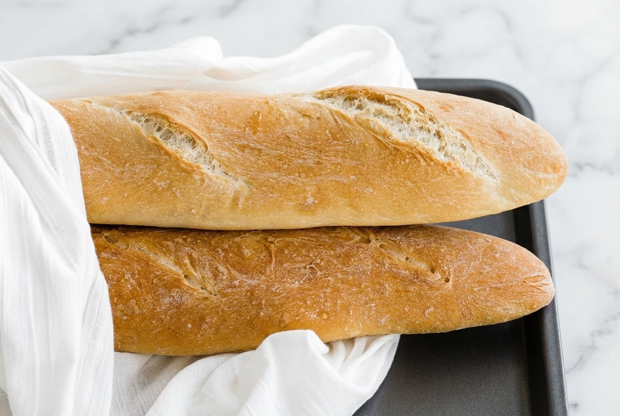 Golden homemade french bread loaf with a crispy honey-malt glaze and professional scoring marks.