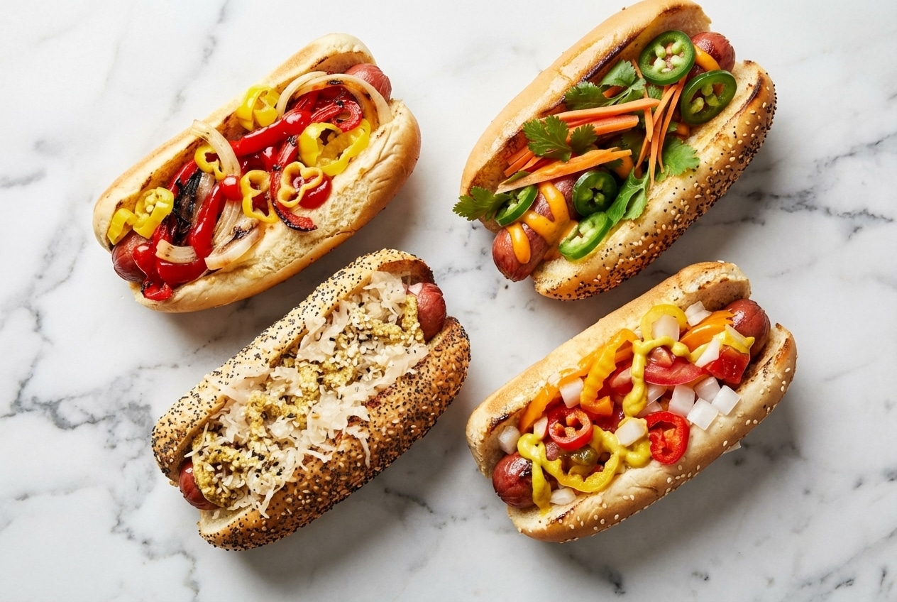 Loaded hot dog toppings on a garlic-butter seared brioche bun with caramelized onions and chimichurri.