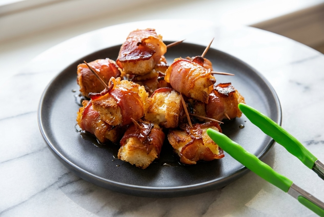 Glazed bacon wrapped bread bites with a glossy hot honey and bourbon finish on a serving platter.