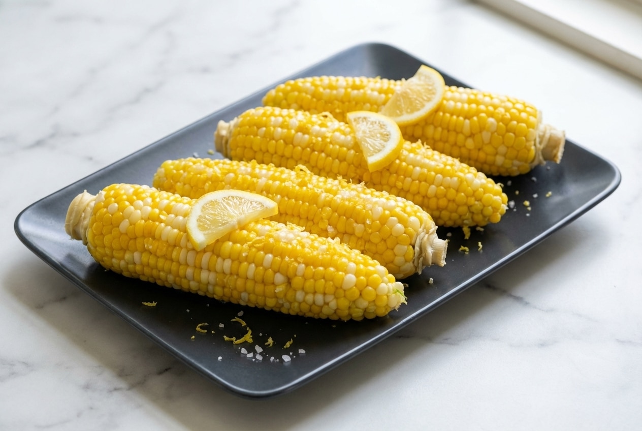 Platter of sweet corn on the cob cooked using the lemon-acidulated water hack for bright yellow kernels.