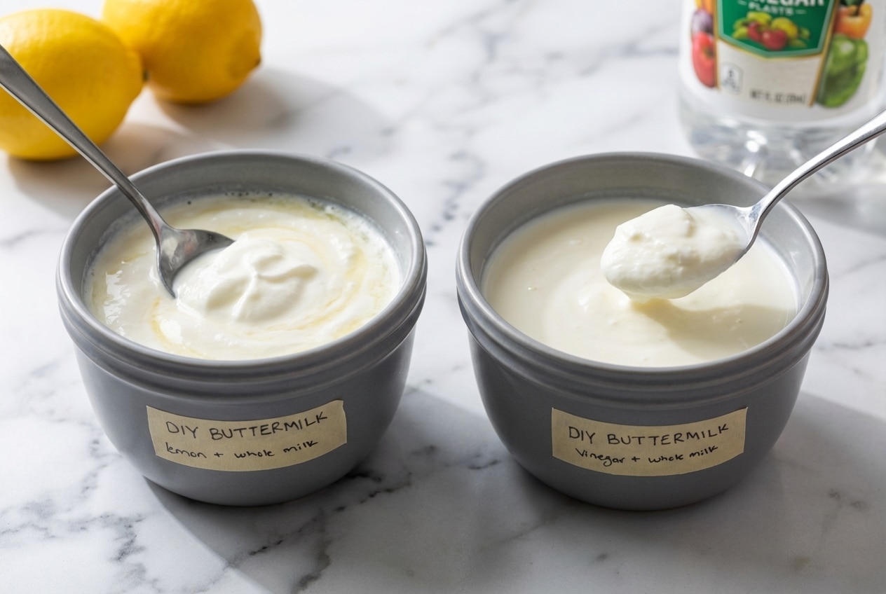 Rich, creamy milk with a Greek yogurt twist showing how to make buttermilk with a thick, cultured texture.