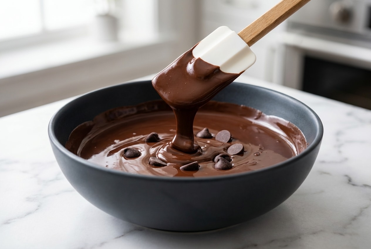 Glossy bowl of how to melt chocolate using the reverse-chip stabilization method for a smooth finish.