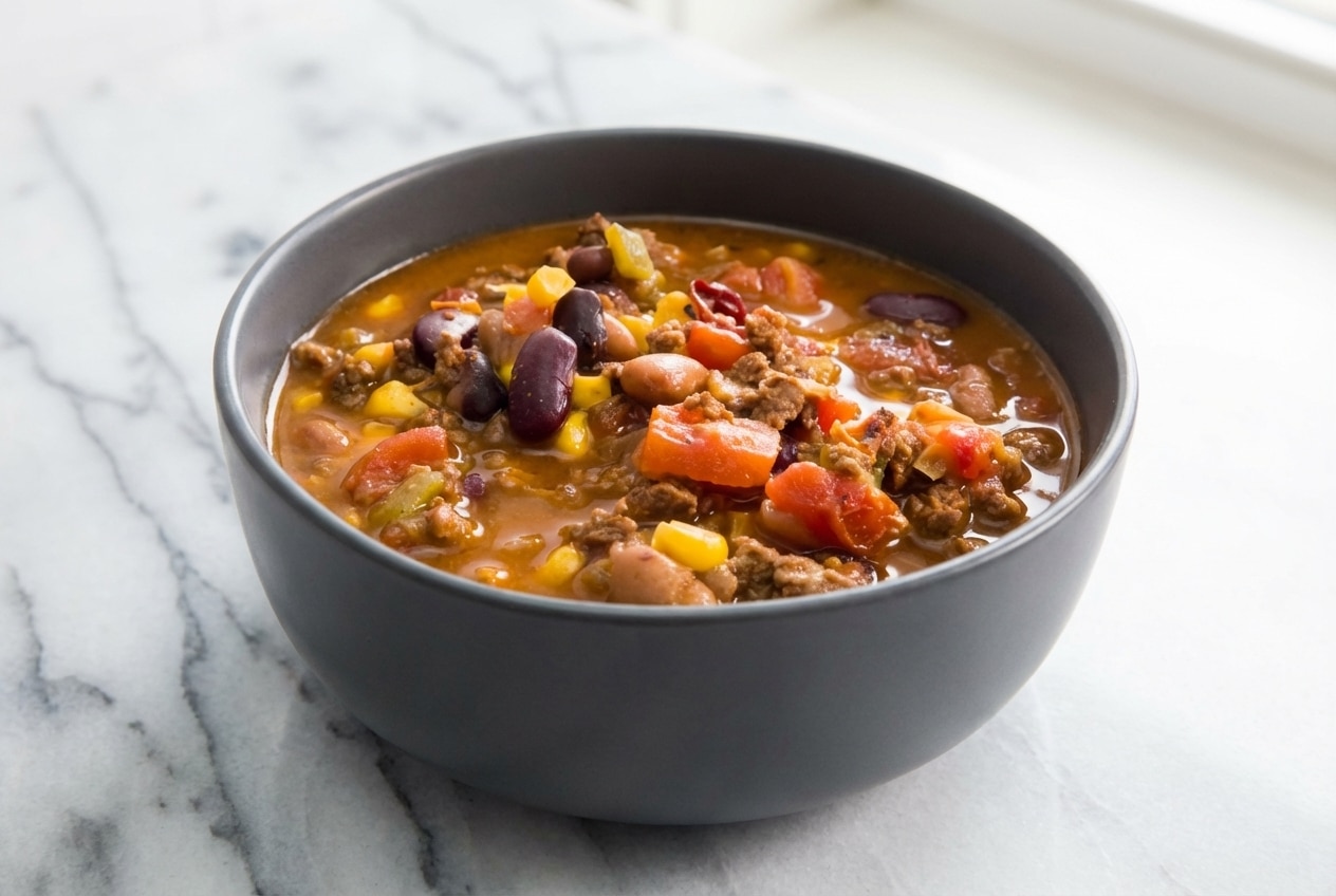 Creamy instant pot taco soup thickened with refried beans, topped with avocado and cheese in a black bowl.