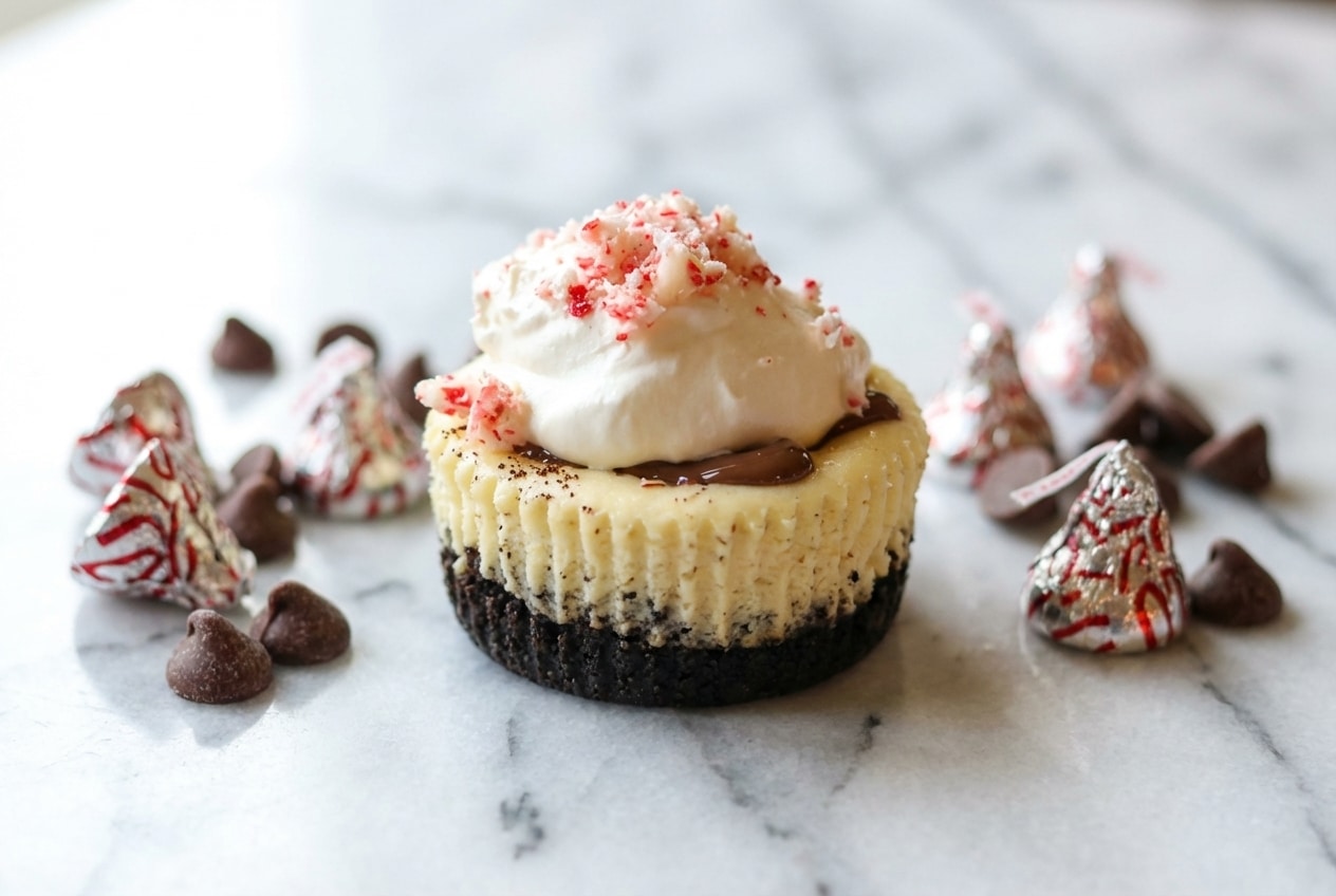 Mini peppermint cheesecakes with a dark brown butter Oreo crust and crushed candy canes on a creamy topping.