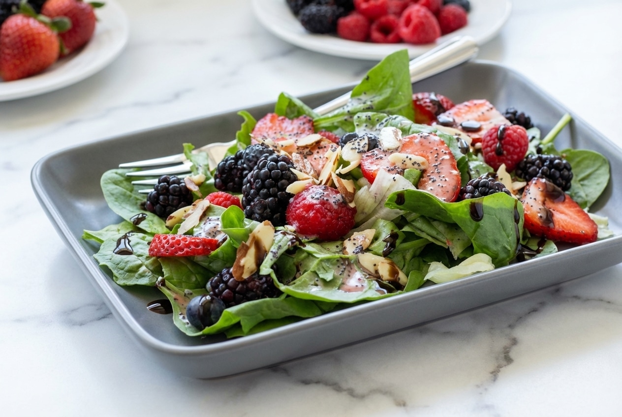 Nuts about berries salad with vibrant mixed berries, balsamic glaze drizzle, and strawberry jam poppy seed dressing.
