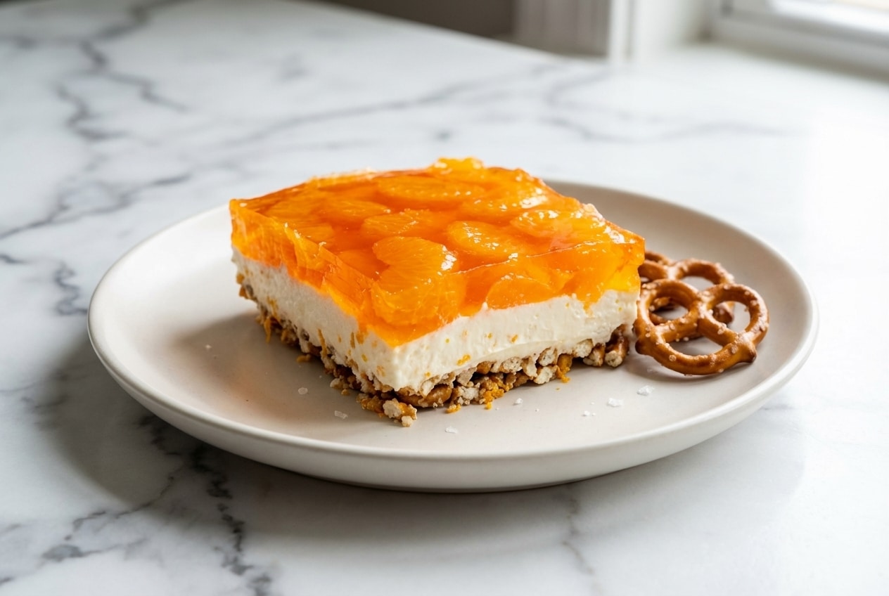 Orange pretzel parfait with a zesty salted pretzel crust and layers of creamy citrus filling in glass dishes.