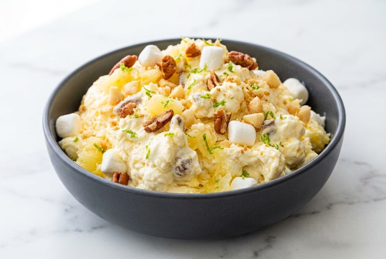 Creamy pineapple fluff dessert topped with toasted macadamia nuts and fresh lime zest in a crystal bowl.