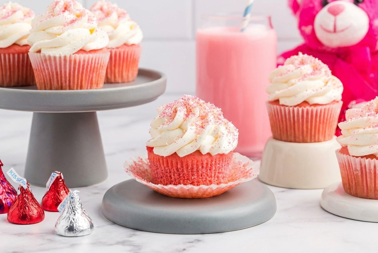 Pink velvet cupcakes with a strawberry-infused velvet crumble and swirls of fluffy cream cheese frosting.