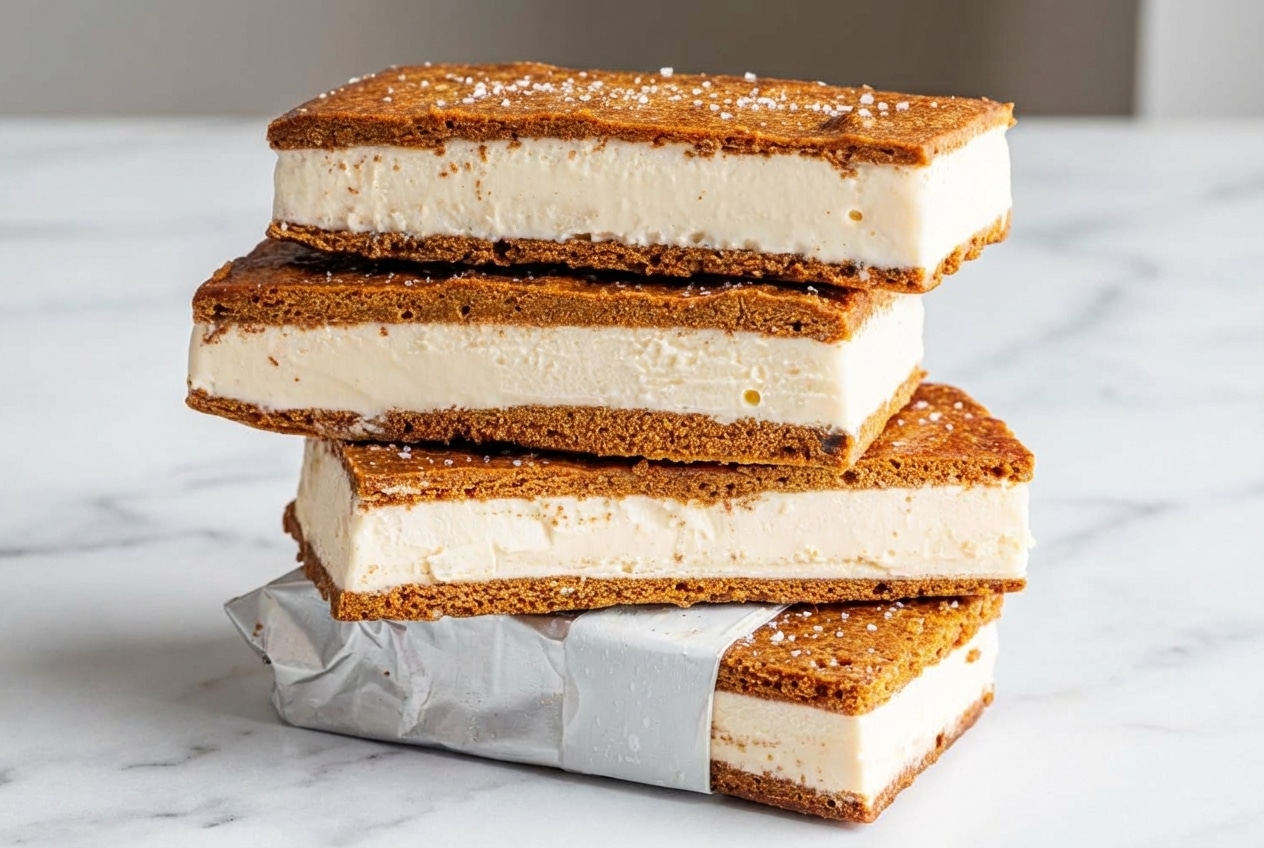Stacked ice cream sandwiches with salted brown butter and malt wafers showing a creamy vanilla center.