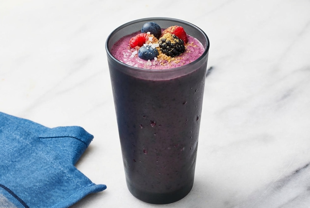 Creamy breakfast smoothie topped with flaky sea salt and ground golden flaxseed in a tall glass.