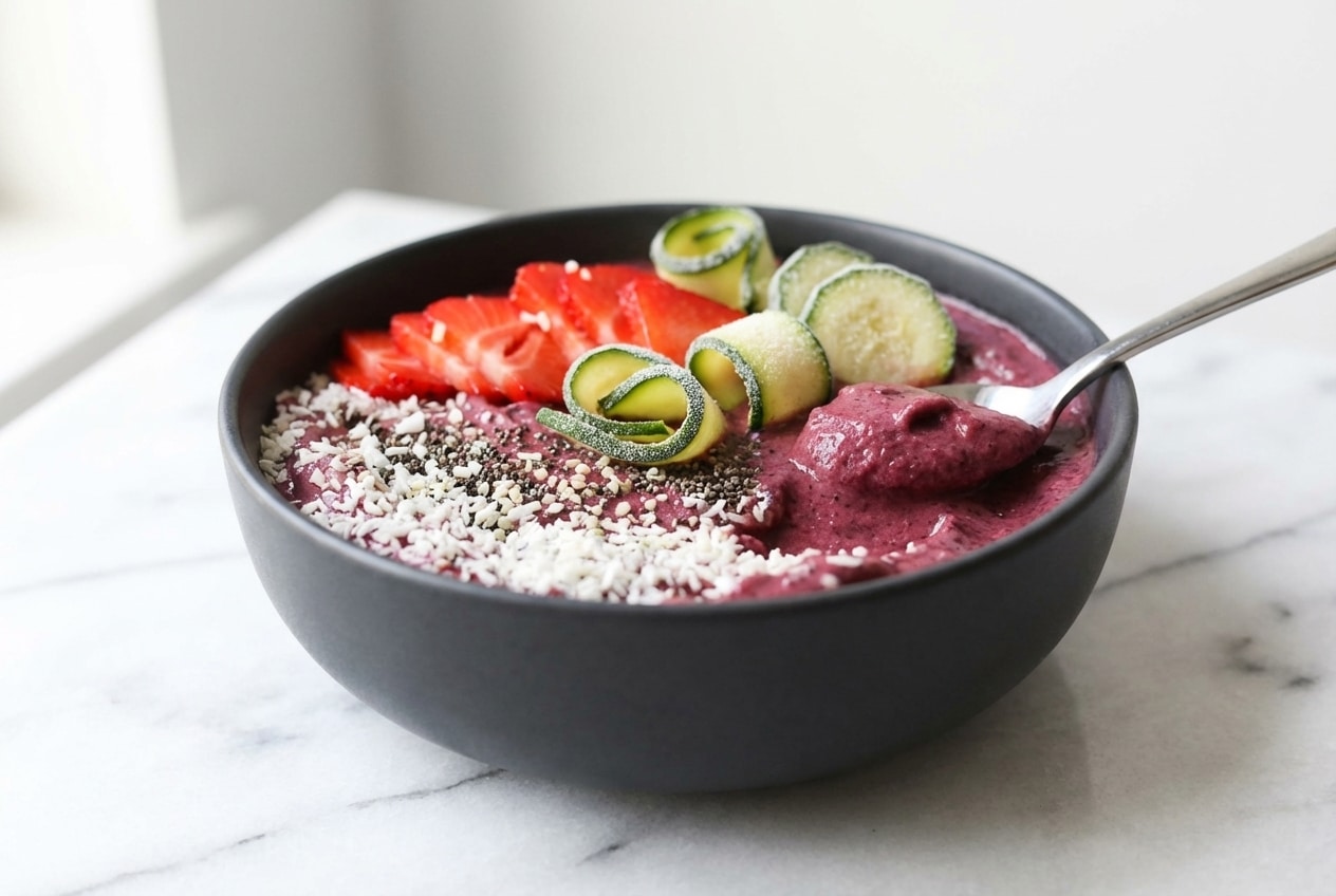 Creamy smoothie bowl with hidden salted zucchini for extra volume, topped with cacao nibs and hemp hearts.