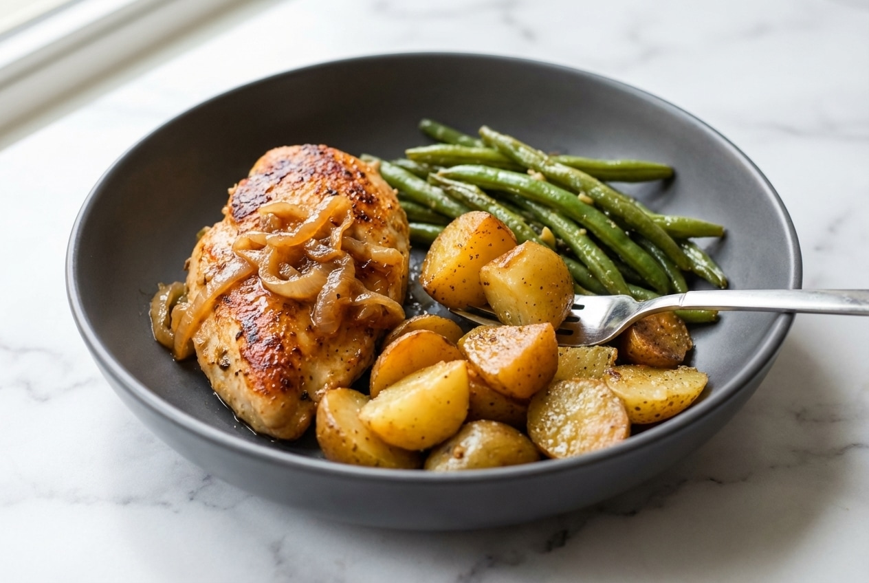 Slow cooker recipes with 5 ingredients featuring seared chicken, baby potatoes, and green beans in a savory broth.