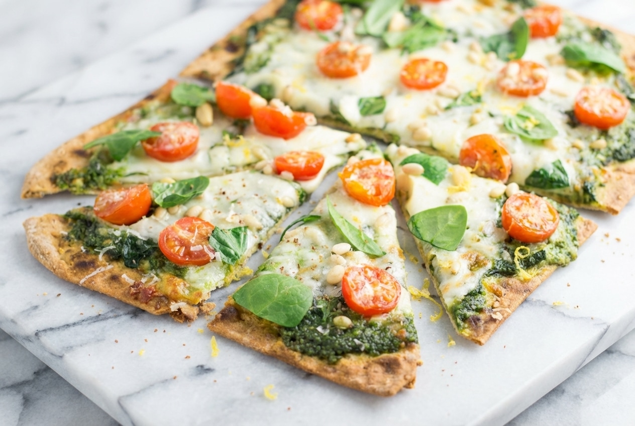 Crispy spinach pesto pizza topped with melted mozzarella, pine nuts, and a hint of nutmeg and lemon zest.
