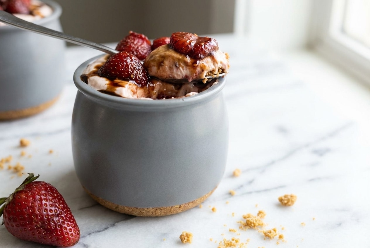 Fluffy strawberry cheesecake mousse topped with balsamic-roasted strawberries in a glass ramekin.
