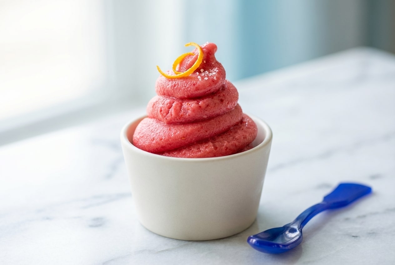 Swirled strawberry dole whip in a glass with a hint of citrus juice for a bright flavor profile.