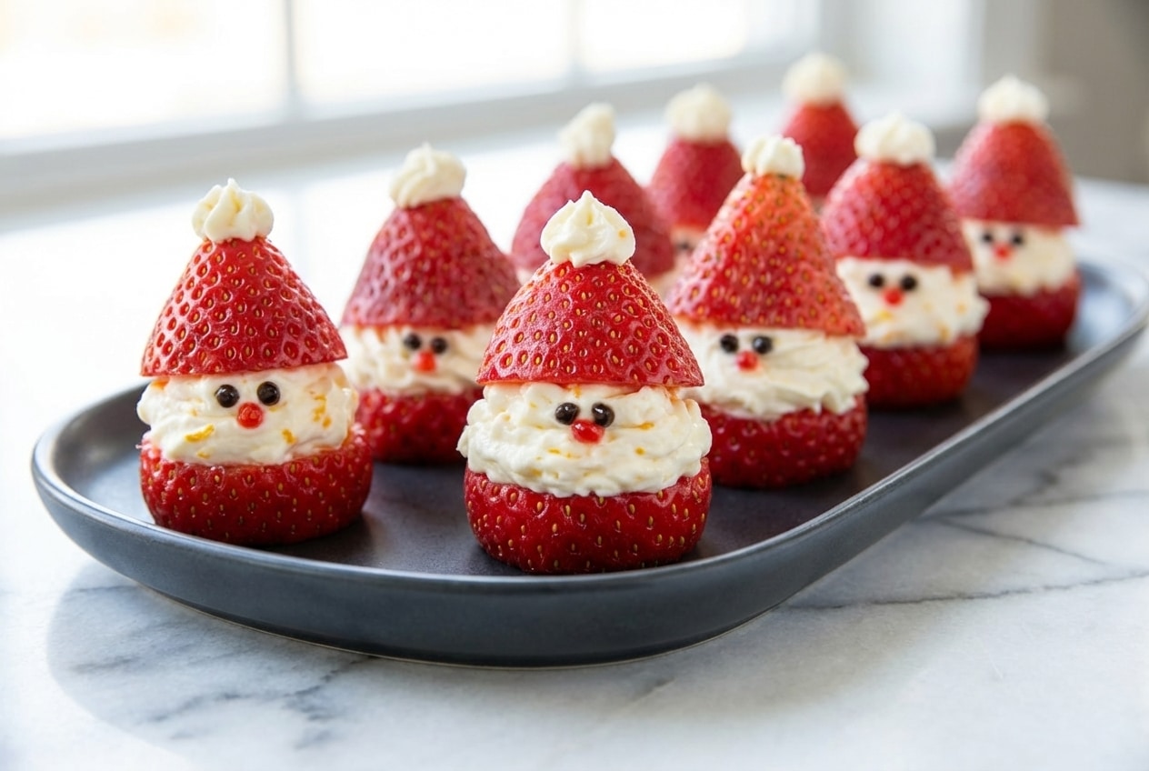 Strawberry santa with creamy mascarpone-orange zest filling and chocolate sprinkle eyes on a festive platter.