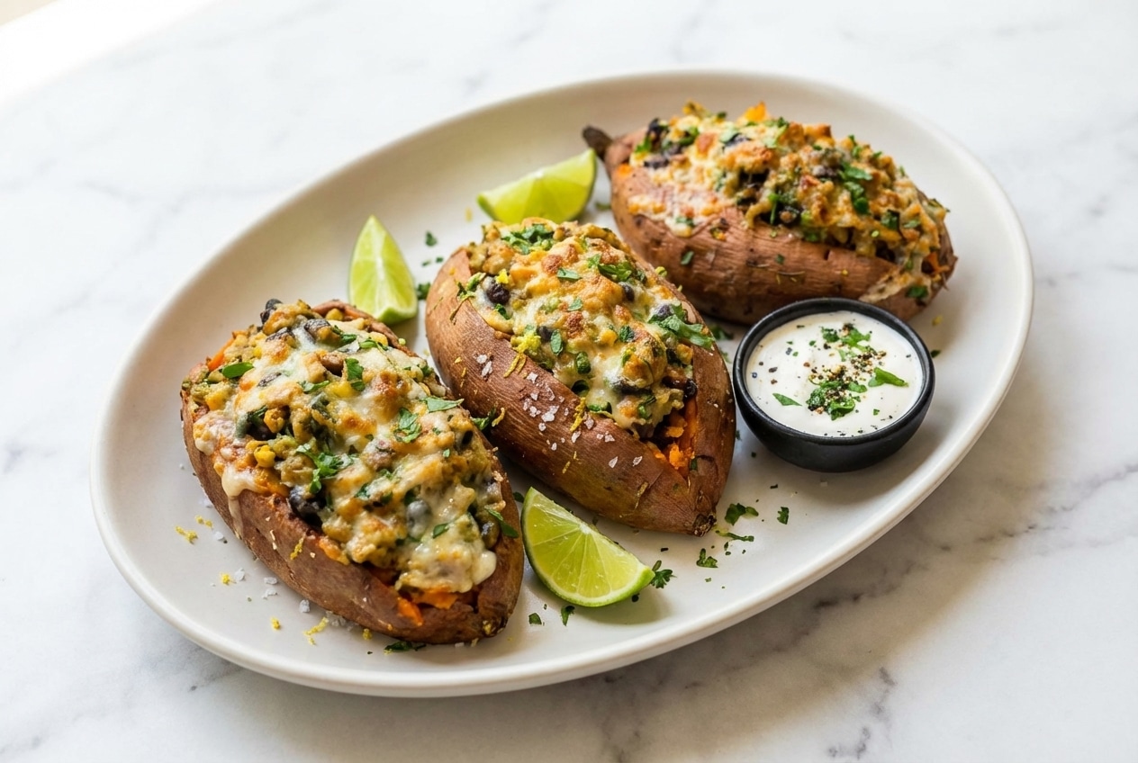 Split stuffed sweet potatoes with a smoked salt and zest shell treatment, filled with vibrant plant-based protein.