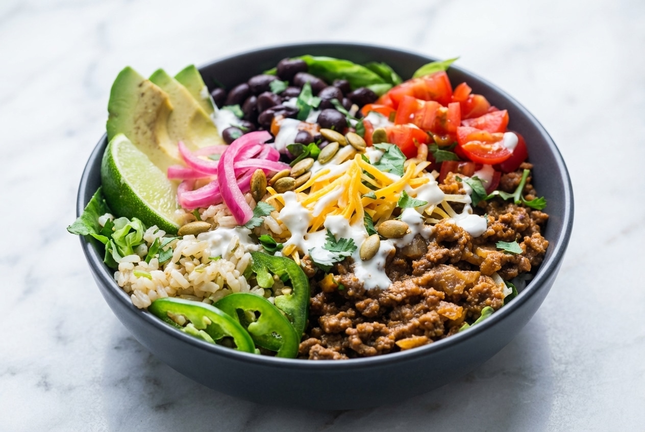 Colorful taco bowl topped with quick-pickled red onions, toasted pepitas, and creamy avocado slices.
