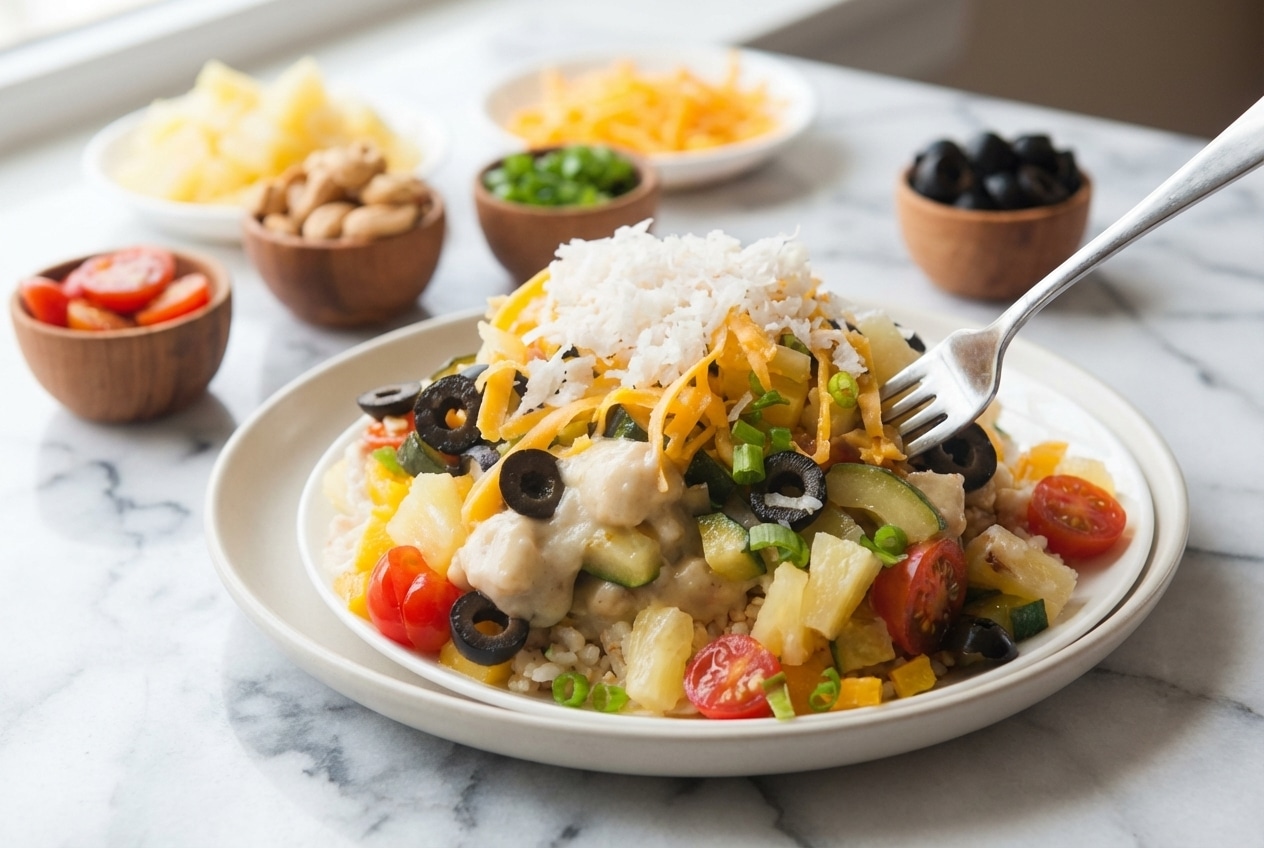 Tasty tuesday hawaiian haystacks with creamy chicken gravy over coconut-toasted jasmine rice and colorful toppings.