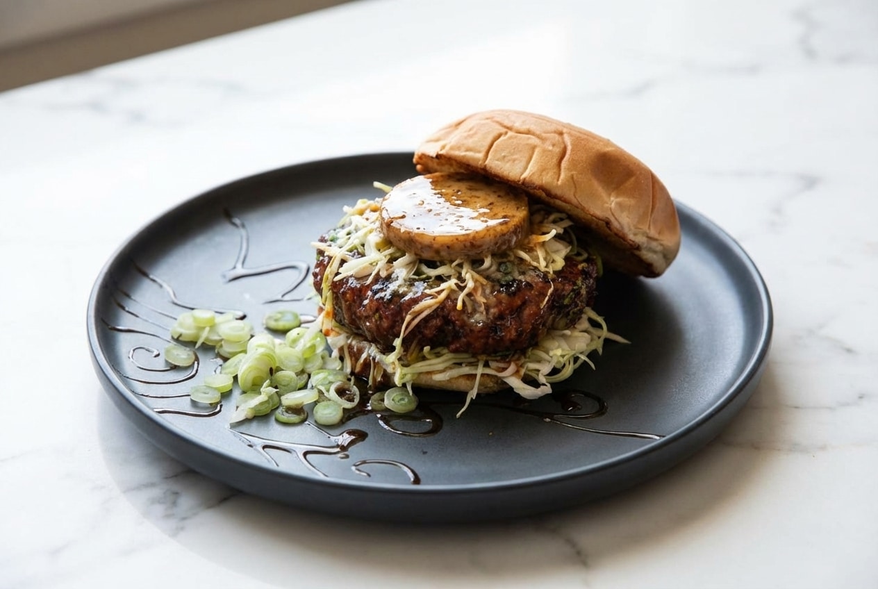 Juicy teriyaki burger with a melting miso-bone marrow butter core and crisp green cabbage on a toasted brioche bun.