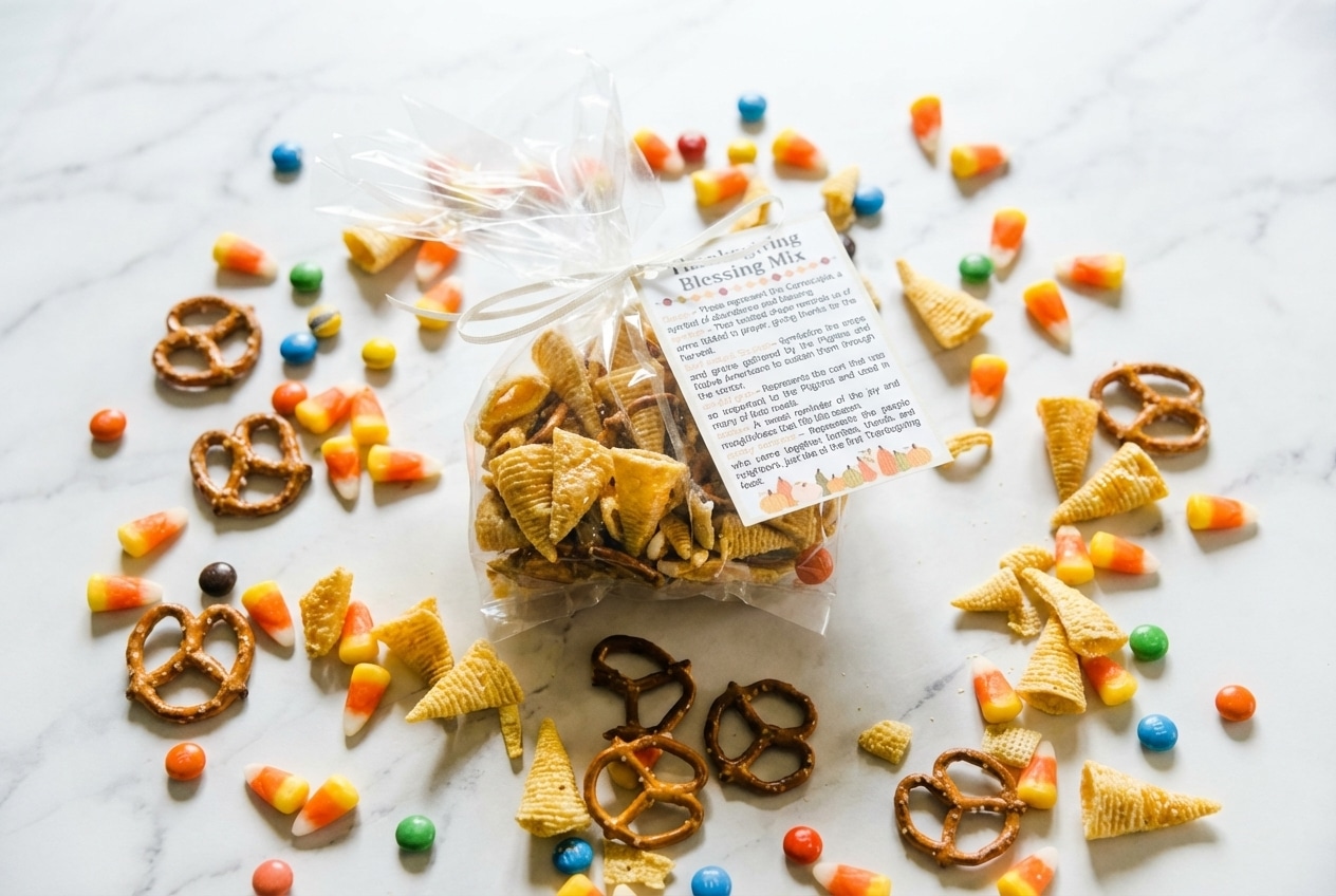 Thanksgiving blessing mix featuring candy corn and bugles coated in a golden harvest warm glaze in a bowl.