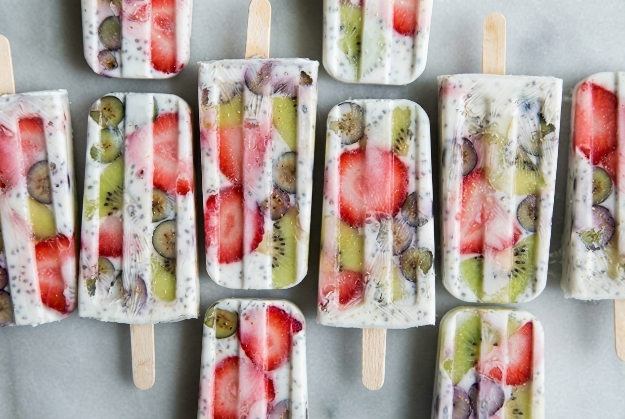 Creamy breakfast popsicles made with toasted oat milk, greek yogurt and granola layers.