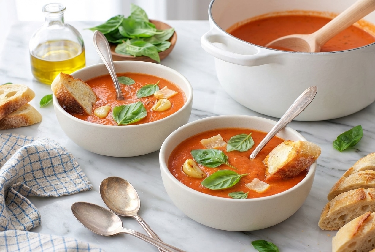 Bowl of creamy tomato basil soup infused with roasted garlic and a savory Parmesan rind.