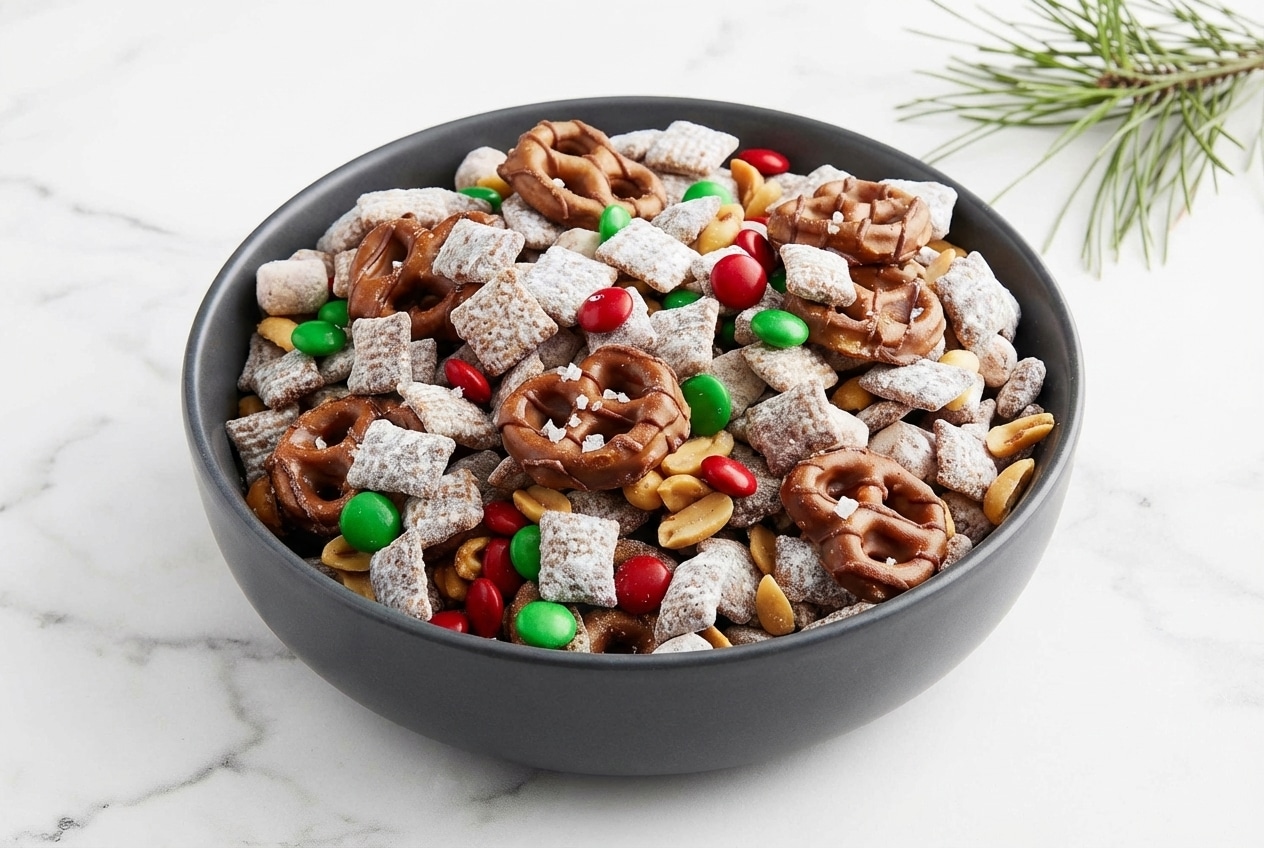 Trail mix muddy buddies recipe with browned butter, smoked sea salt, Rice Chex cereal, and M&Ms in a bowl.