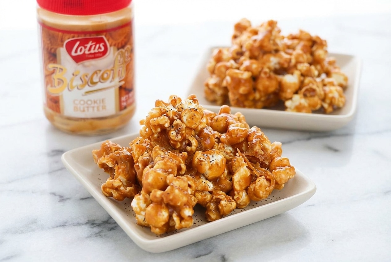 Clusters of cookie butter popcorn glazed with aromatic cardamom and a hint of vanilla extract in a serving bowl.