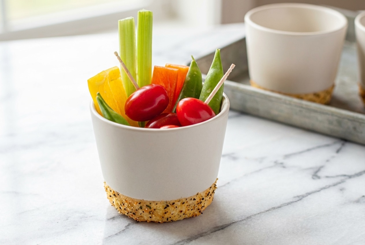 Vibrant veggie cups featuring crisp crudités and a flavorful seasoned shield bottom layer in plastic tumblers.