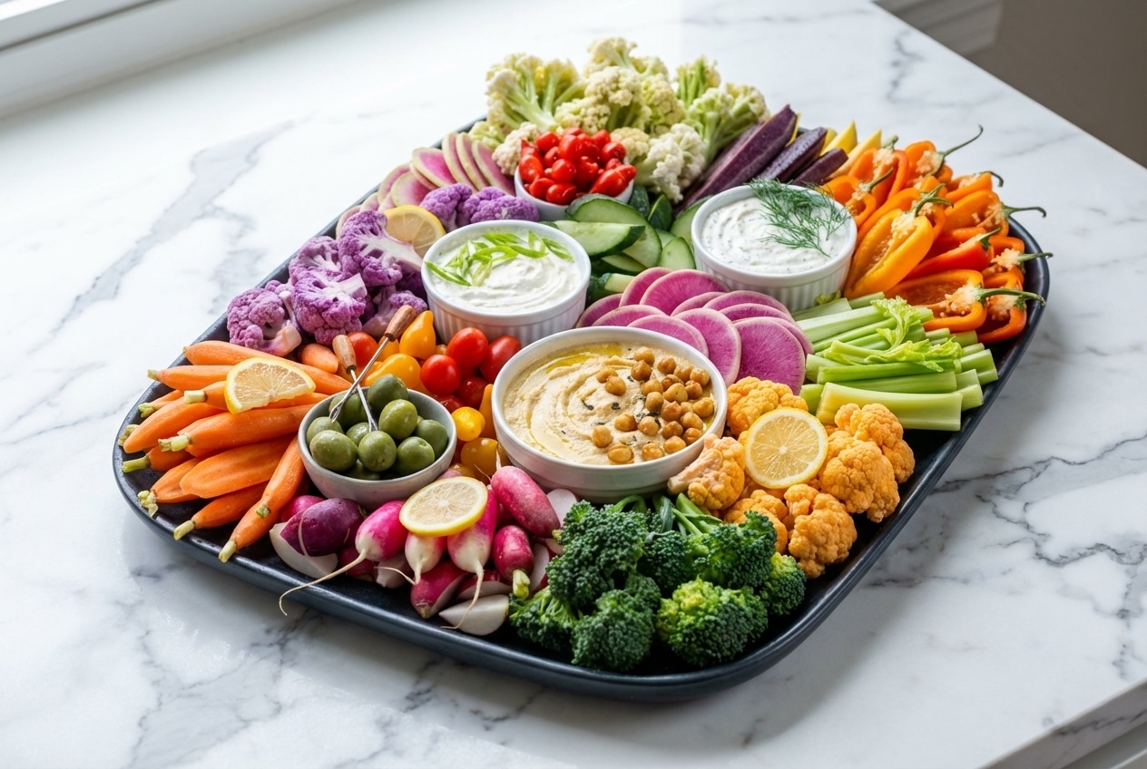 Vibrant veggie platter with crisp heirloom vegetables chilled by a 20-minute lemon ice-bath soak.
