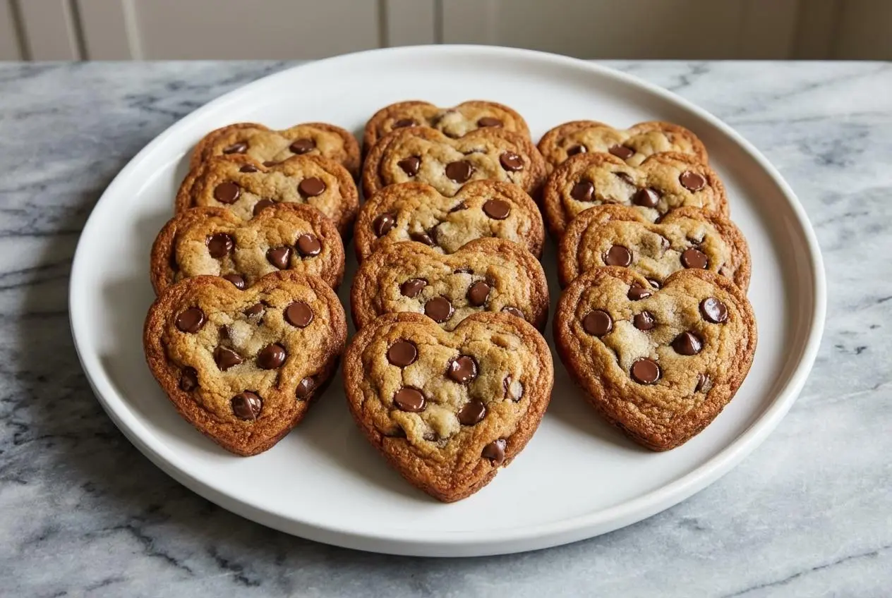 A stack of soft and chewy Heart Shaped Chocolate Chip Cookies made with rich brown butter and a hint of espresso.