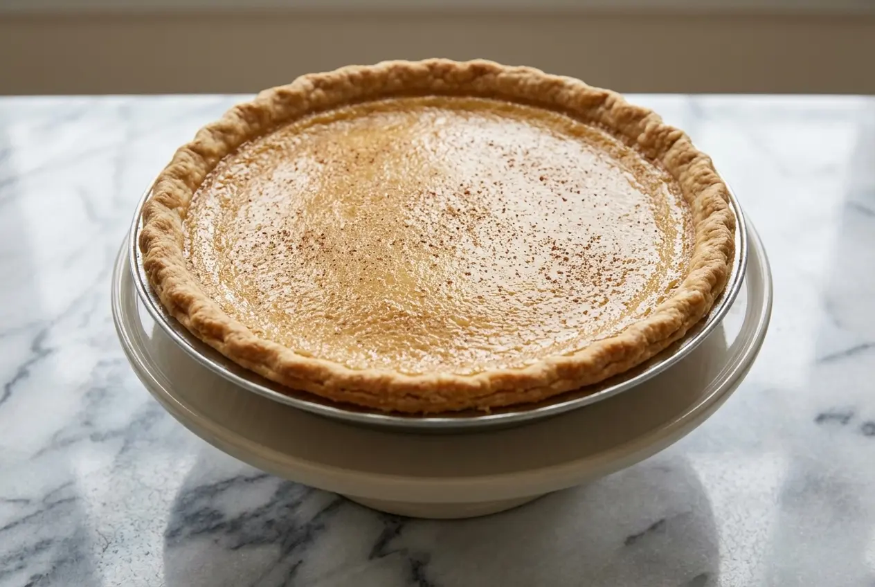 Golden vinegar pie recipe slice featuring a rich brown butter infusion and creamy custard filling.