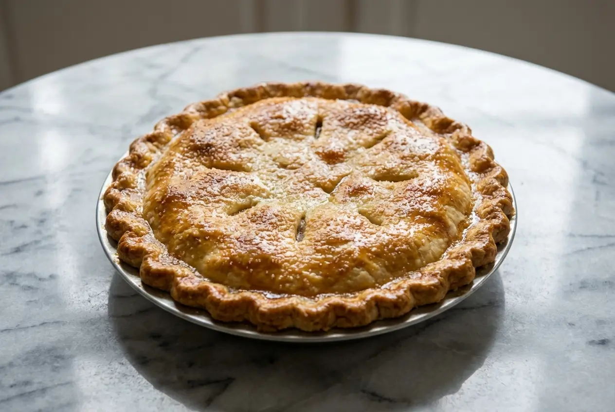 Golden mock apple pie recipe featuring a brown butter crust and a sprinkle of flaky sea salt.